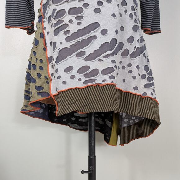 Vintage Tunic Top Patchwork Green Black Lagenlook Artsy Distressed Stripe Orange - Picture 5 of 12